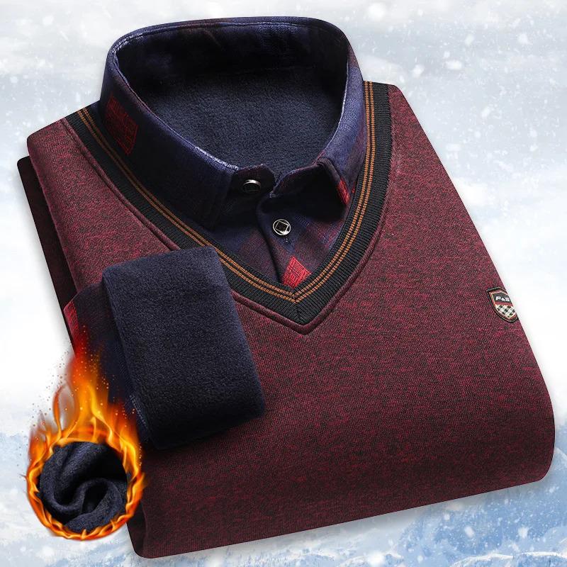 Men's Plush Sweater Autumn Winter Fake Two Piece Pullover Polo Shirt Collar Fleece Thick Warm Top Clothes Casual Jumpers