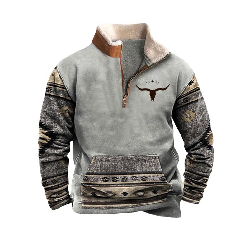 Men's Western Fleece Jacket Cowboy Bull Head Print Pullover 1 4 Zip Stand Collar Long Sleeve Sweatshirts Zipper Menswear