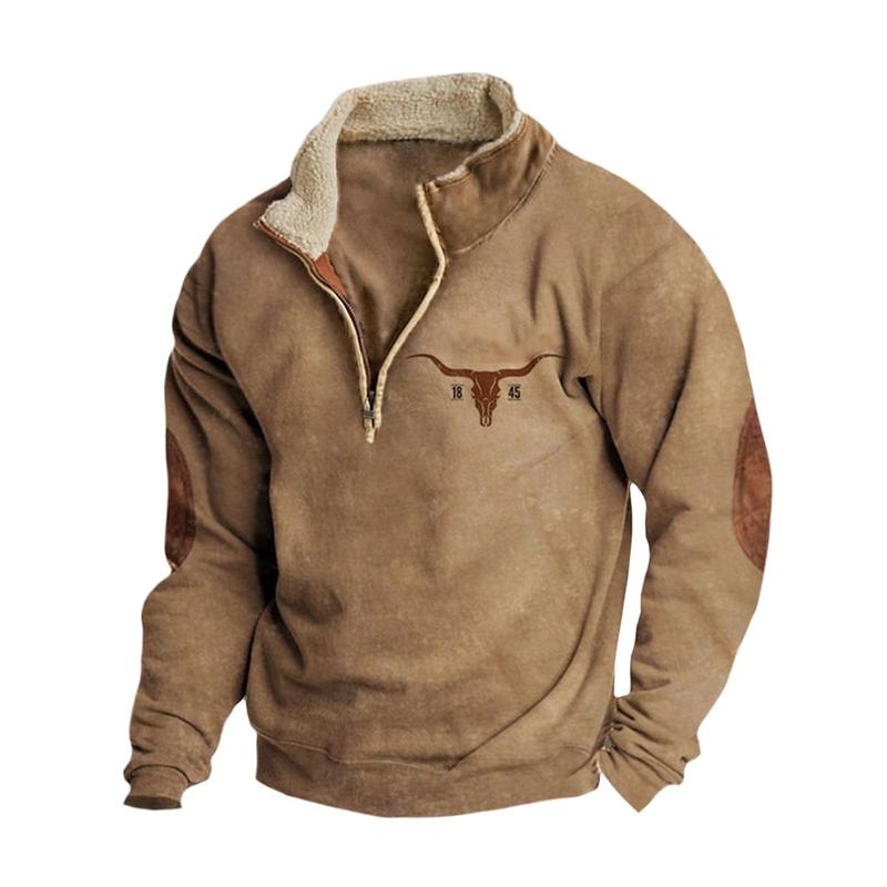 Men's Western Fleece Jacket Cowboy Bull Head Print Pullover 1 4 Zip Stand Collar Long Sleeve Sweatshirts Zipper Menswear