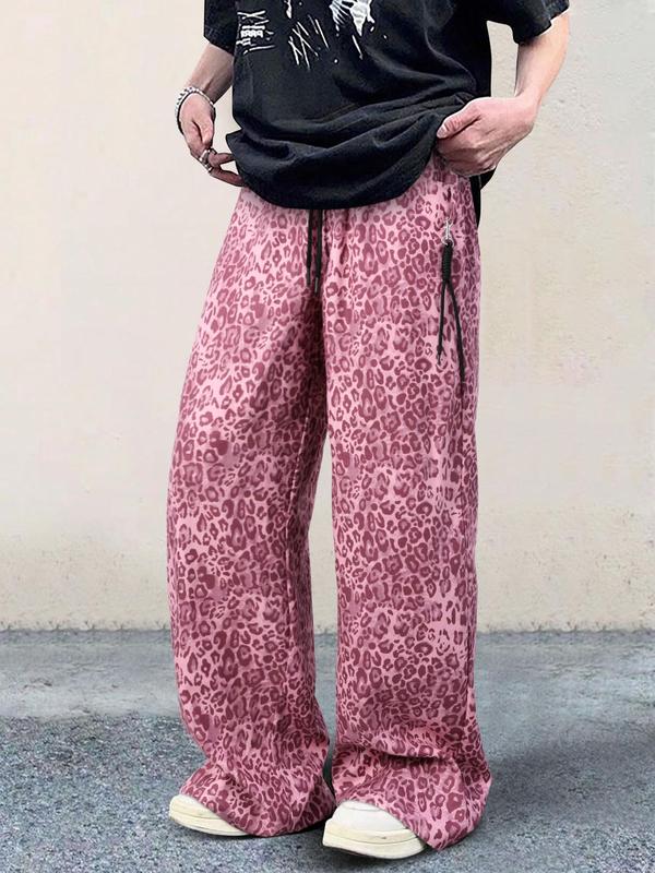 Unisex Men's Leopard Print Drawstring Waist Pants, Casual Street Pocket Trousers for Daily Wear, Fashion Men's Bottoms for All Seasons