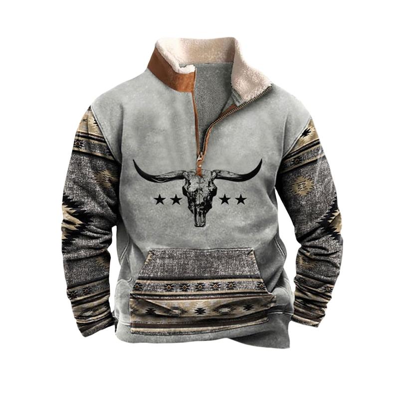 Men's Western Fleece Jacket Cowboy Bull Head Print Pullover 1 4 Zip Stand Collar Long Sleeve Sweatshirts Zipper Menswear