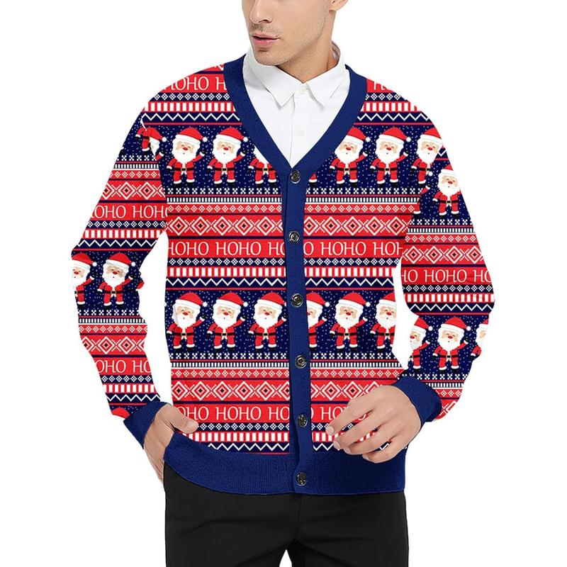 Men's 2024 Ugly Christmas Cardigan Cozy Pullover Sweater V Neck Buttons Soft Knitwear