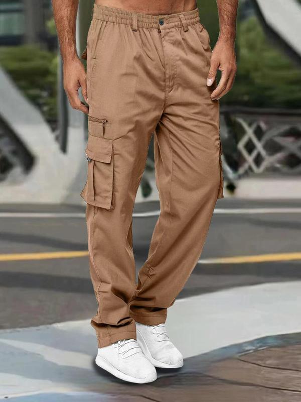 Men's Solid Flap Pocket Cargo Pants, Casual Street Regular Fit Button Fly Zipper Trousers for Daily Wear, Fashion Men's Bottoms for All Seasons