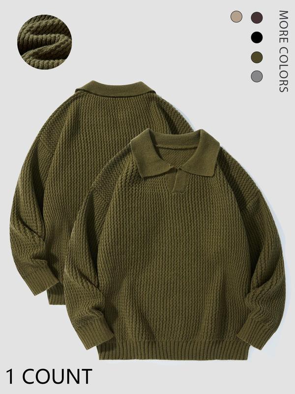 Men's Solid Drop Shoulder Collared Sweater, Regular Fit Casual Long Sleeve Jumper for Fall & Winter, Sweaters for Men, Men's Knitwear for Daily Wear Tops