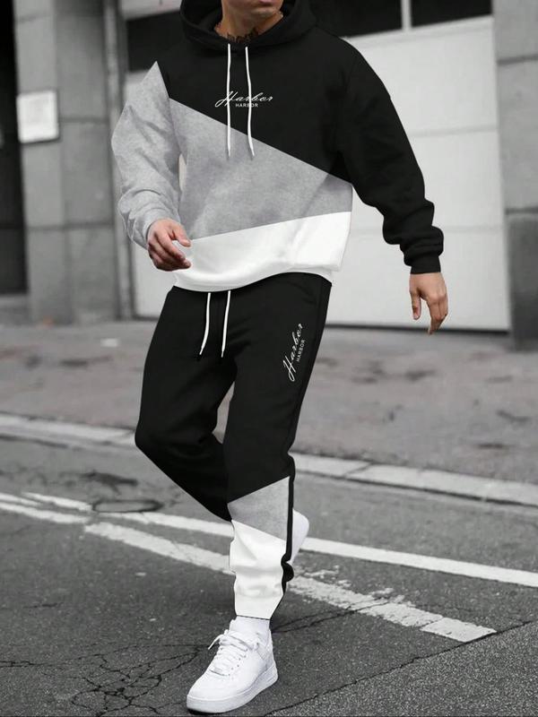 Two-Piece Set Men's Patchwork Letter Print Hoodie & Drawstring Waist Sweatpants, Casual Long Sleeve Hooded Sweatshirt & Pocket Jogger Pants for Fall & Winter, Men's Two-piece Outfits for Daily Wear