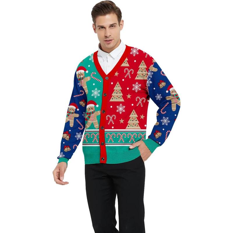 Men's 2024 Ugly Christmas Cardigan Cozy Pullover Sweater V Neck Buttons Soft Knitwear