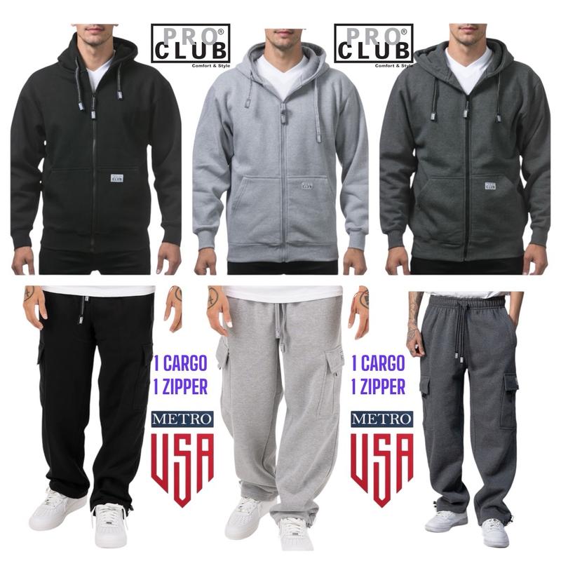 PRO CLUB CARGO SWEATPANTS AND ZIPPER HOODIE OR PULLOVER HOODIE COMBO SET, or CUSTOMIZE CHOOSE YOUR OWN SET.