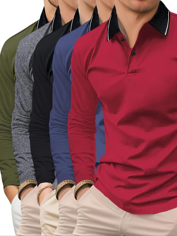 Contrast Binding Button Front Polo Shirt, T Shirts Polo Clothes for Men, Plain Polo Shirts Men, Going Out Tops, Regular Fit Long Sleeve Top for Spring & Fall, Winter Clothing Men, Men's Clothes for Daily Wear