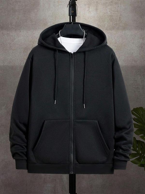 Men's Solid Color Pocket Zip Up Hoodie, Regular Fit Casual Long Sleeve Drawstring Hooded Jacket for Spring & Fall, Fashion Men's Clothes for Daily Wear