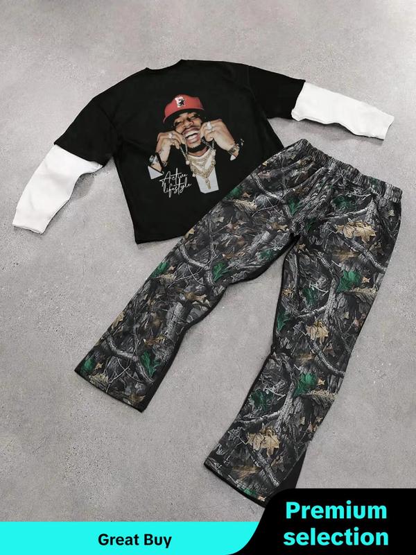 Two-Piece Set Men's Colorblock Figure Print 2-IN-1 Tee & All Over Print Flare Leg Sweatpants Set, Regular Fit Street Round Neck Long Sleeve Top & Drawstring Elastic Waist Bell Bottom Trousers, Men Two-piece Outfits for Spring & Fall