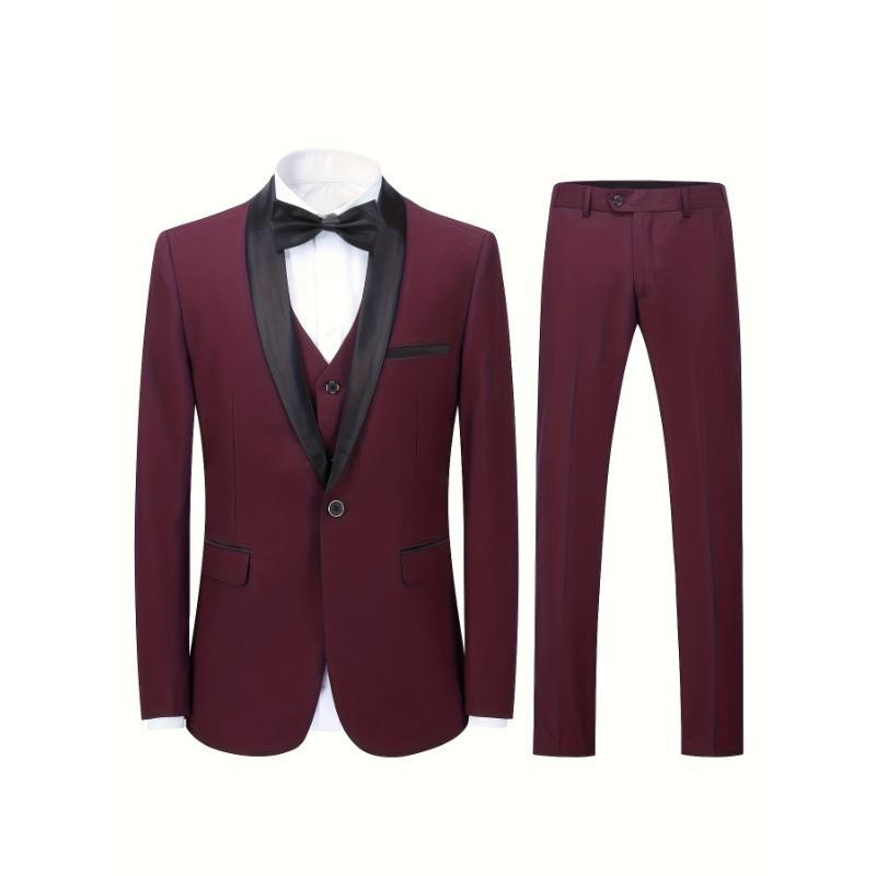 Formal 3pcs Set, Men's One Button Suit Jacket & Single Breasted Vest & Pants Suit Set For Business Dinner Wedding Party