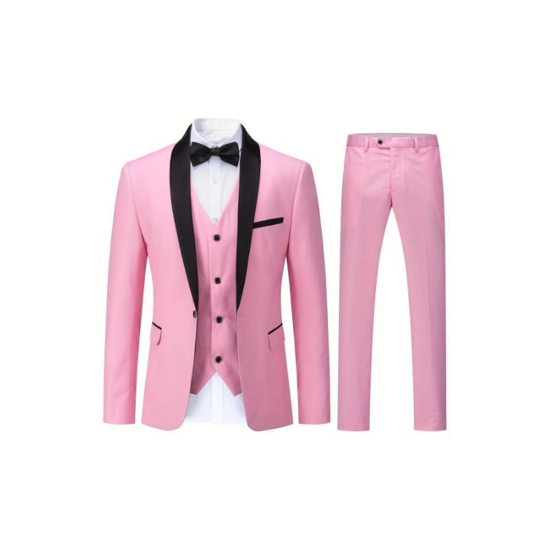 Formal 3pcs Set, Men's One Button Suit Jacket & Single Breasted Vest & Pants Suit Set For Business Dinner Wedding Party