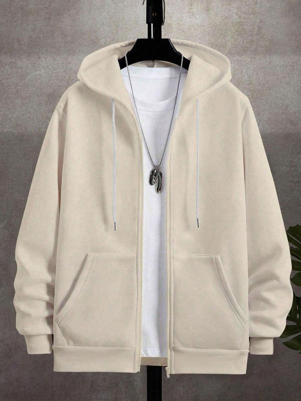 Men's Solid Color Pocket Zip Up Hoodie, Regular Fit Casual Long Sleeve Drawstring Hooded Jacket for Spring & Fall, Fashion Men's Clothes for Daily Wear