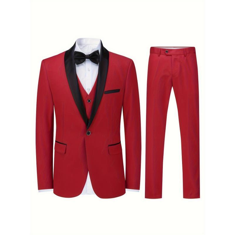 Formal 3pcs Set, Men's One Button Suit Jacket & Single Breasted Vest & Pants Suit Set For Business Dinner Wedding Party