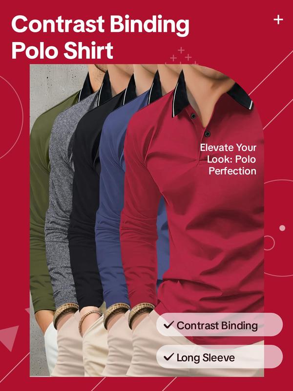 Contrast Binding Button Front Polo Shirt, T Shirts Polo Clothes for Men, Plain Polo Shirts Men, Going Out Tops, Regular Fit Long Sleeve Top for Spring & Fall, Winter Clothing Men, Men's Clothes for Daily Wear