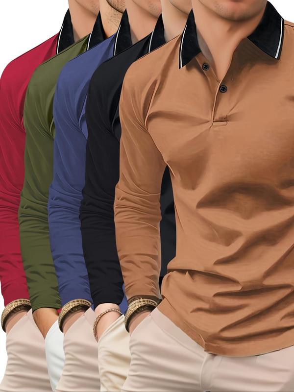 Contrast Binding Button Front Polo Shirt, T Shirts Polo Clothes for Men, Plain Polo Shirts Men, Going Out Tops, Regular Fit Long Sleeve Top for Spring & Fall, Winter Clothing Men, Men's Clothes for Daily Wear