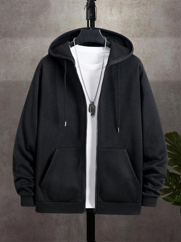 Men's Solid Color Pocket Zip Up Hoodie, Regular Fit Casual Long Sleeve Drawstring Hooded Jacket for Spring & Fall, Fashion Men's Clothes for Daily Wear