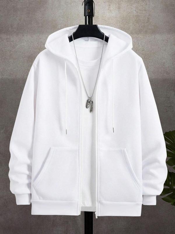 Men's Solid Color Pocket Zip Up Hoodie, Regular Fit Casual Long Sleeve Drawstring Hooded Jacket for Spring & Fall, Fashion Men's Clothes for Daily Wear