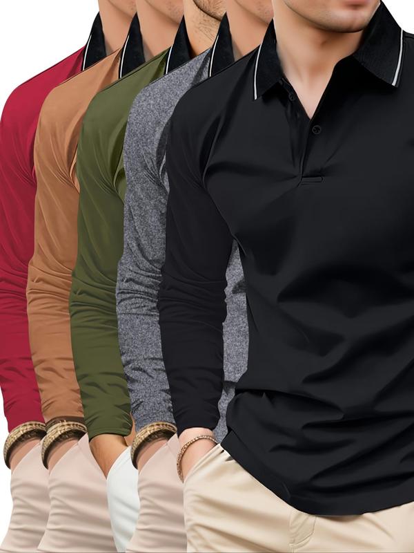 Contrast Binding Button Front Polo Shirt, T Shirts Polo Clothes for Men, Plain Polo Shirts Men, Going Out Tops, Regular Fit Long Sleeve Top for Spring & Fall, Winter Clothing Men, Men's Clothes for Daily Wear