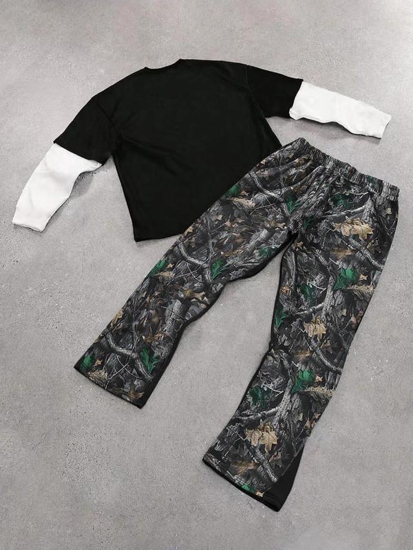 Two-Piece Set Men's Colorblock Figure Print 2-IN-1 Tee & All Over Print Flare Leg Sweatpants Set, Regular Fit Street Round Neck Long Sleeve Top & Drawstring Elastic Waist Bell Bottom Trousers, Men Two-piece Outfits for Spring & Fall