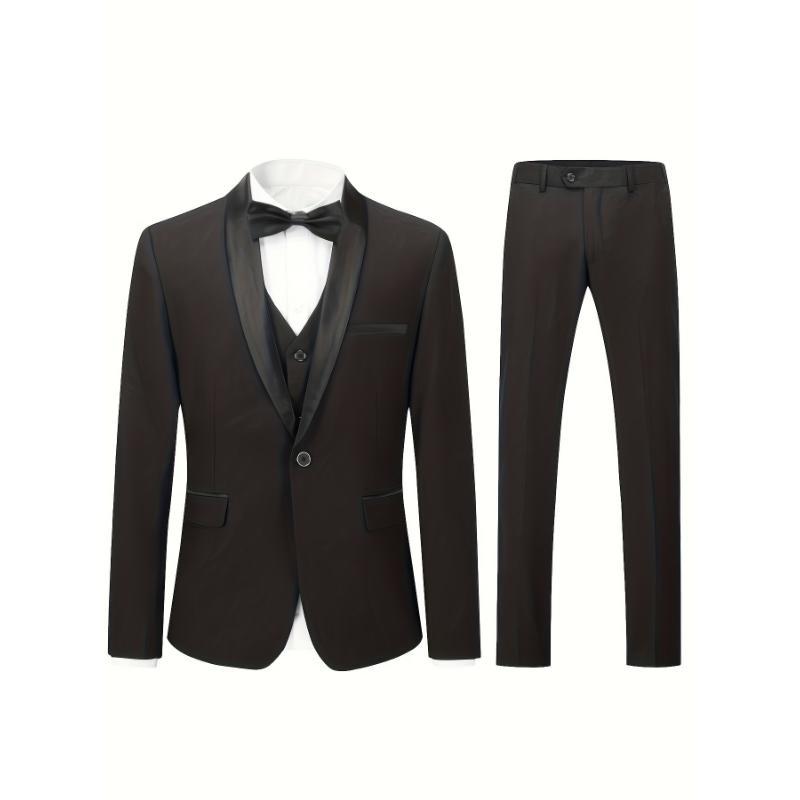 Formal 3pcs Set, Men's One Button Suit Jacket & Single Breasted Vest & Pants Suit Set For Business Dinner Wedding Party