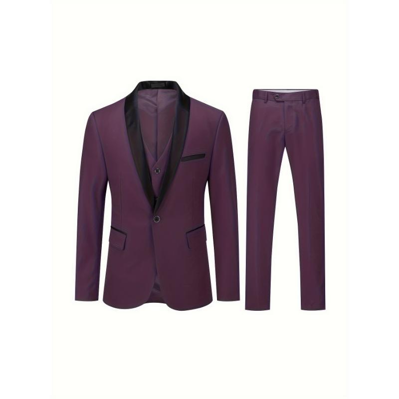 Formal 3pcs Set, Men's One Button Suit Jacket & Single Breasted Vest & Pants Suit Set For Business Dinner Wedding Party