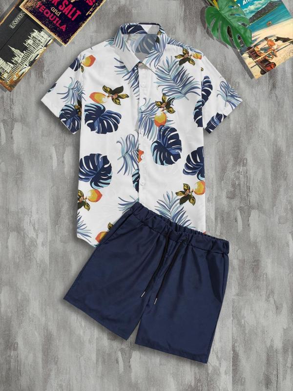 Two-Piece Set Men's Tropical Print Summer Clothes Set, Short Sleeve Button Down Hawaiian Shirt & Drawstring Shorts Set, Trendy Men's Beach Holiday Outfits