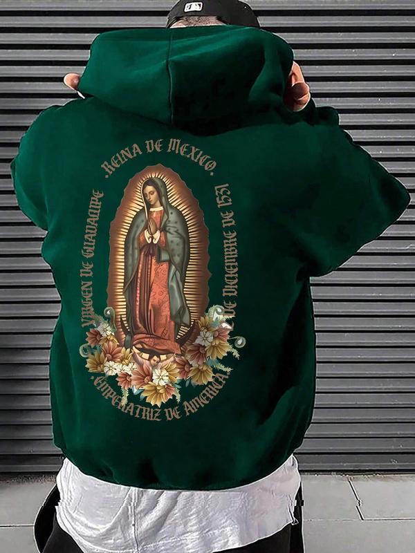 Men's Virgin Mary Print Drop Shoulder Hoodie, Fashion Casual Regular Fit Drawstring Pocket Hooded Sweatshirt for Daily Holiday Outdoor Wear, Fall Clothes, Men's Clothing for Fall & Winter