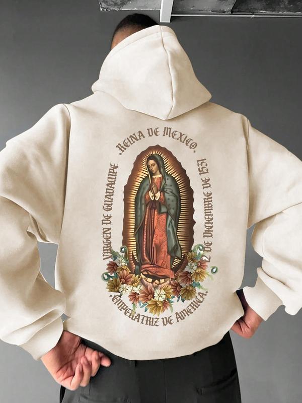 Men's Virgin Mary Print Drop Shoulder Hoodie, Fashion Casual Regular Fit Drawstring Pocket Hooded Sweatshirt for Daily Holiday Outdoor Wear, Fall Clothes, Men's Clothing for Fall & Winter