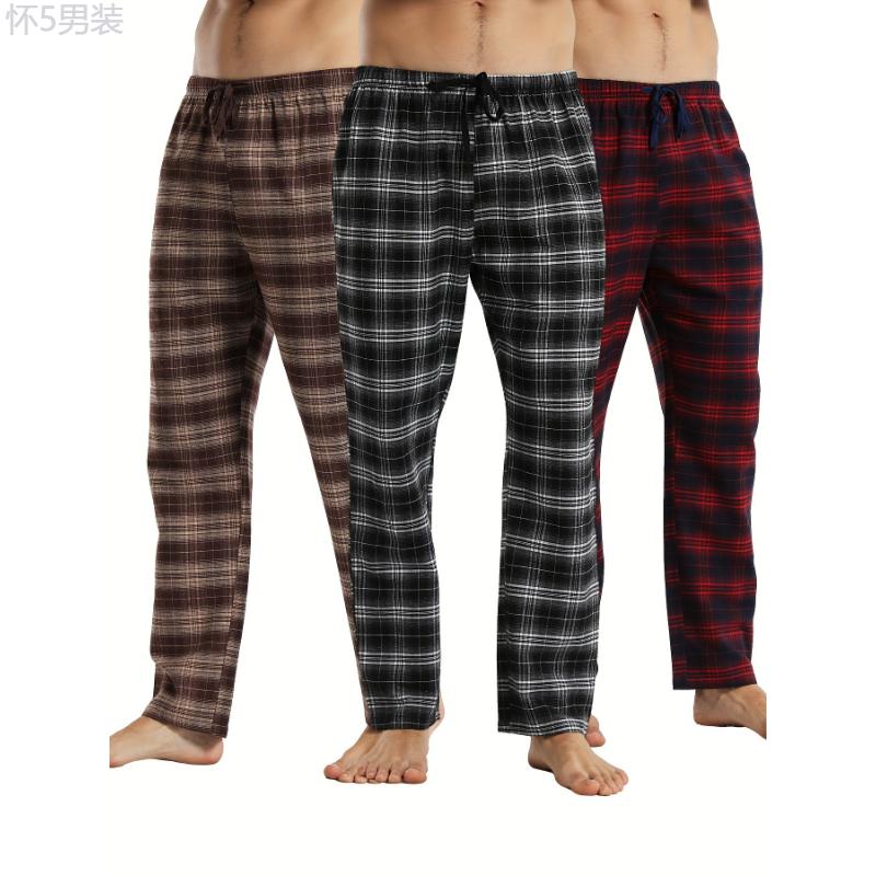 3pcs Plaid Men's Long Pants, Casual Homewear Pajama Sleep Bottom Loungewear Sleep Wear Trousers Fabric Menswear