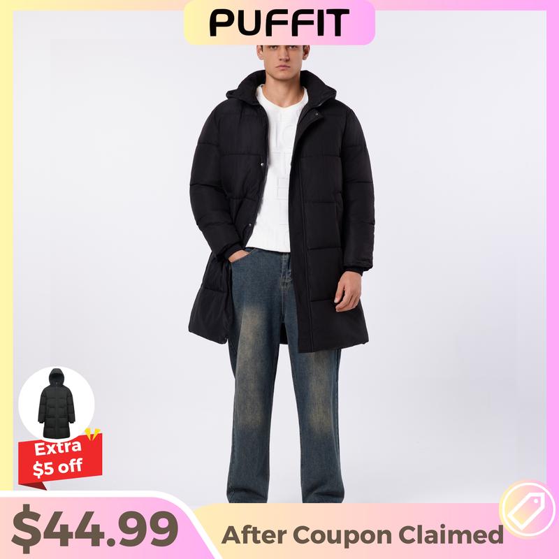 PUFFIT Men‘s Classic Hooded Long Puffer Coat , Long Quilted Outerwear Jacket Big Pocket, Winter Warm Basic Long Sleeve Tops Coat