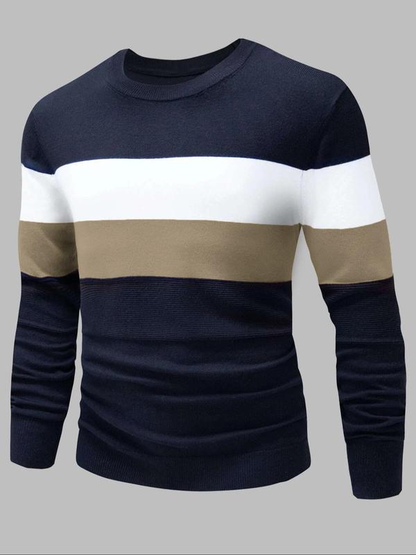  Men's Colorblock Striped Print Round Neck Sweater, Regular Fit Casual Long Sleeve Crew Neck Jumper for Fall & Winter, Fashion Men's Knitwear for Daily Wear