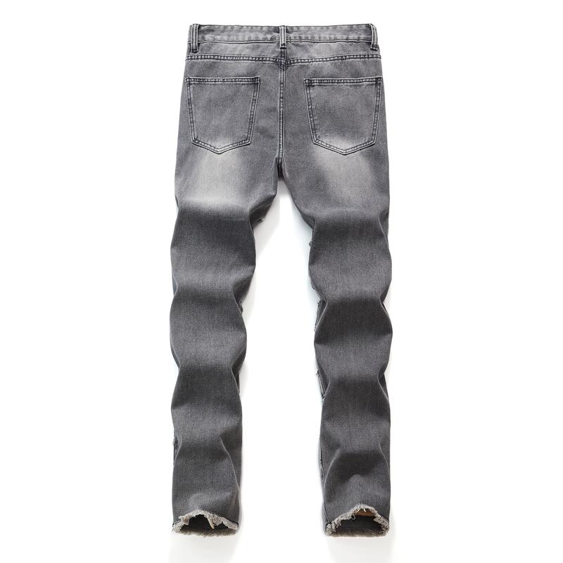 Men's Stacked Street Style Gray Jeans, Fashionable And Casual Slim Fit Straight Leg Autumn Winter Denim Pants, Trouser Suitable For Various Occasions Pocket Ripped Simple    Menswear Pocket Simple Plain christmas 2024 ornament