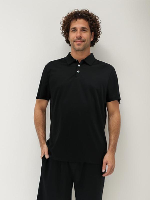 Men's  Solid Polo Shirt Loungewear, Casual Short Sleeve Top for Daily Wear, Soft Comfy Breathable Men's Sleepwear for All Seasons