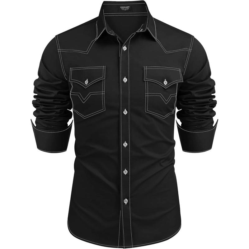 Men's Western Cowboy Shirts Long Sleeve Cotton Casual Button Down Work Shirt with Pockets