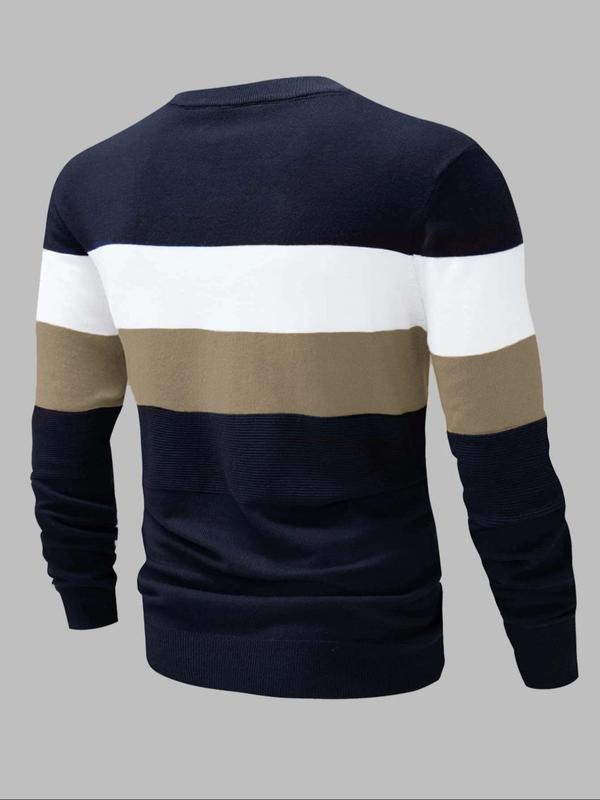  Men's Colorblock Striped Print Round Neck Sweater, Regular Fit Casual Long Sleeve Crew Neck Jumper for Fall & Winter, Fashion Men's Knitwear for Daily Wear