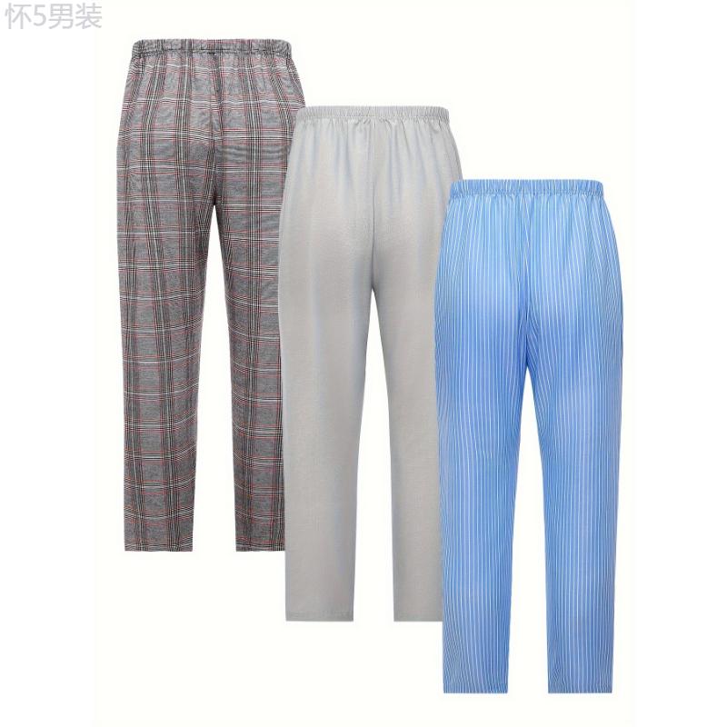 3pcs Plaid Men's Long Pants, Casual Homewear Pajama Sleep Bottom Loungewear Sleep Wear Trousers Fabric Menswear