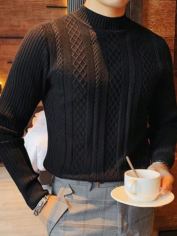 Men's Solid Color Textured Mock Neck Sweater, Regular Fit Casual Long Sleeve Jumper for Fall & Winter, Fashion Men's Knitwear for Daily Wear