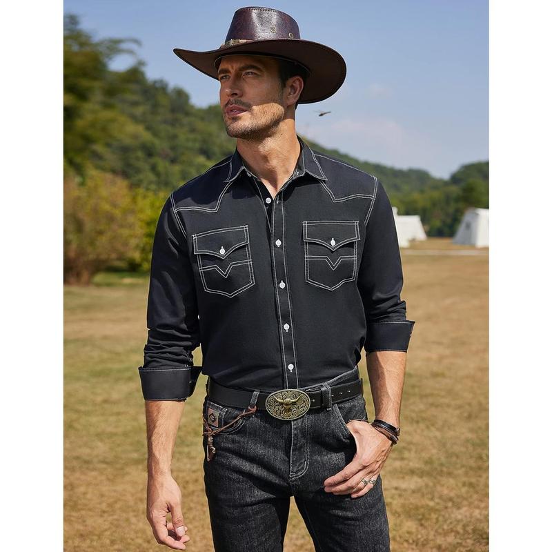 Men's Western Cowboy Shirts Long Sleeve Cotton Casual Button Down Work Shirt with Pockets