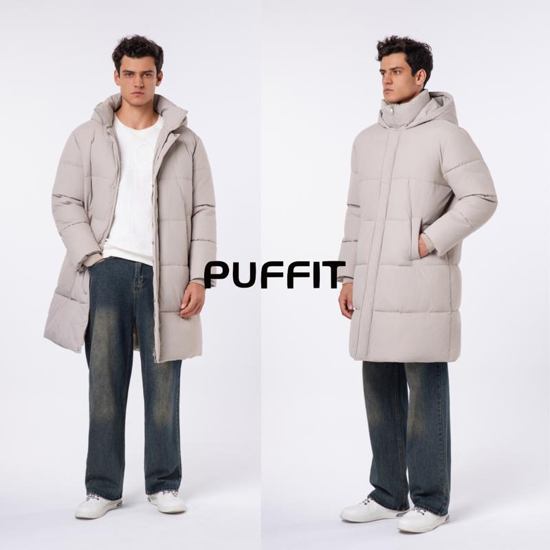 PUFFIT Men‘s Classic Hooded Long Puffer Coat , Long Quilted Outerwear Jacket Big Pocket, Winter Warm Basic Long Sleeve Tops Coat