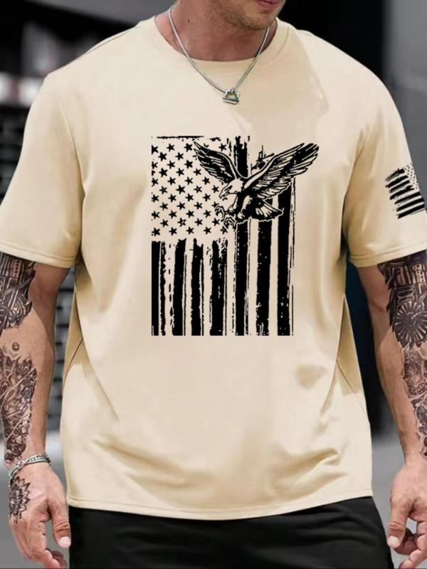 Men's Regular Fit Graphic Round Neck Sleep Tee, Star & Eagle Print Short Sleeve T-Shirt, Casual Comfy Sleepwear Top for Men, Men's Sleepwear & Lougewear