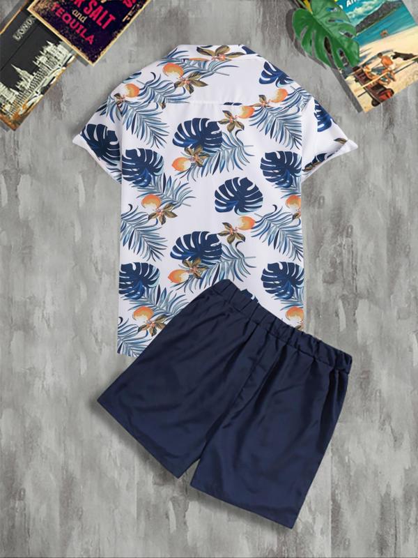 Two-Piece Set Men's Tropical Print Summer Clothes Set, Short Sleeve Button Down Hawaiian Shirt & Drawstring Shorts Set, Trendy Men's Beach Holiday Outfits