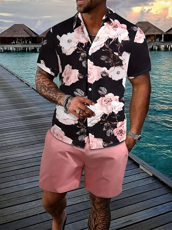 Two-piece Set Men's Floral Print Button Front Shirt & Drawstring Waist Shorts Set, Regular Fit Short Sleeve Collar Top & Pocket Shorts for Beach Vacation, Work Clothes for Office, Sets for Men Clothing, Summer Outfits Clothes Set for Men