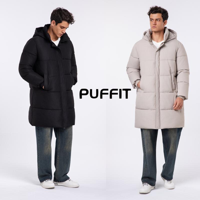 PUFFIT Men‘s Classic Hooded Long Puffer Coat , Long Quilted Outerwear Jacket Big Pocket, Winter Warm Basic Long Sleeve Tops Coat