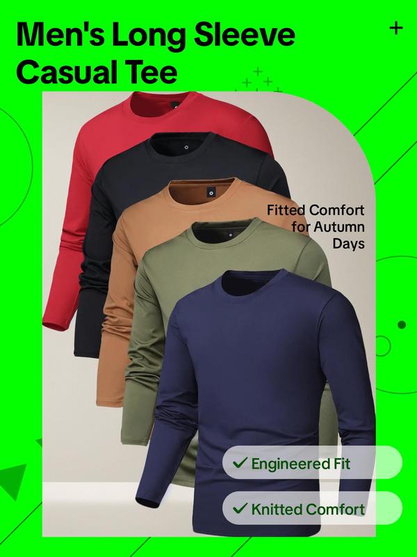 Men's Long Sleeve Crewneck Tee, Mufti Clothes, Regular Fit Round Neck T-shirt for Fall, Fall Outfits 2024, Back To School Clothes, Men's Streetwear  Knit Tops  for Outdoor, Men's Clothing, Longsleeves Menswear