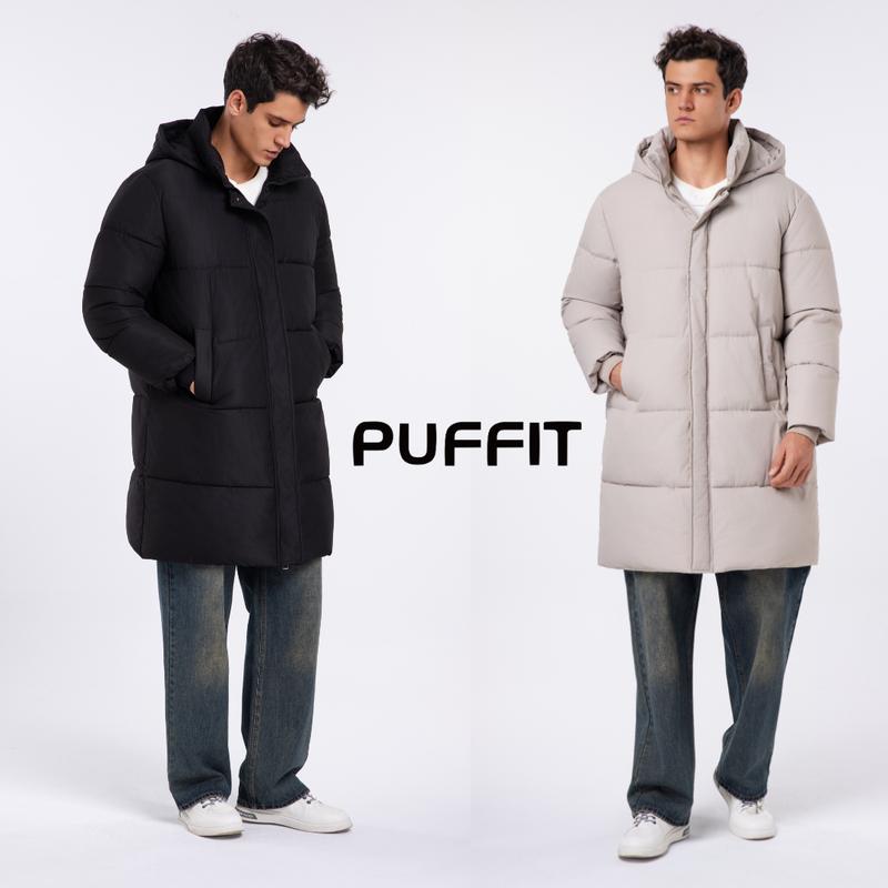 PUFFIT Men‘s Classic Hooded Long Puffer Coat , Long Quilted Outerwear Jacket Big Pocket, Winter Warm Basic Long Sleeve Tops Coat