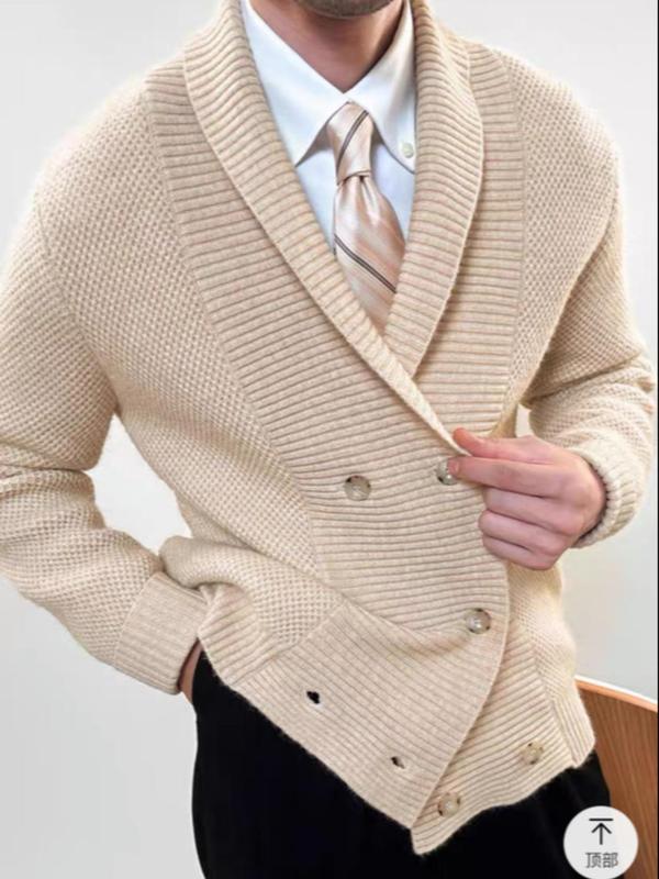 Men's Solid Textured Double Button Cardigan, Regular Fit Casual Long Sleeve Shawl Collar Knitwear for All Seasons, Fashion Men's Knit Clothing for Daily Wear