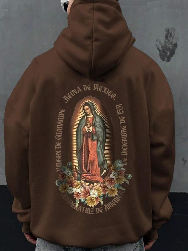 Men's Virgin Mary Print Drop Shoulder Hoodie, Fashion Casual Regular Fit Drawstring Pocket Hooded Sweatshirt for Daily Holiday Outdoor Wear, Fall Clothes, Men's Clothing for Fall & Winter