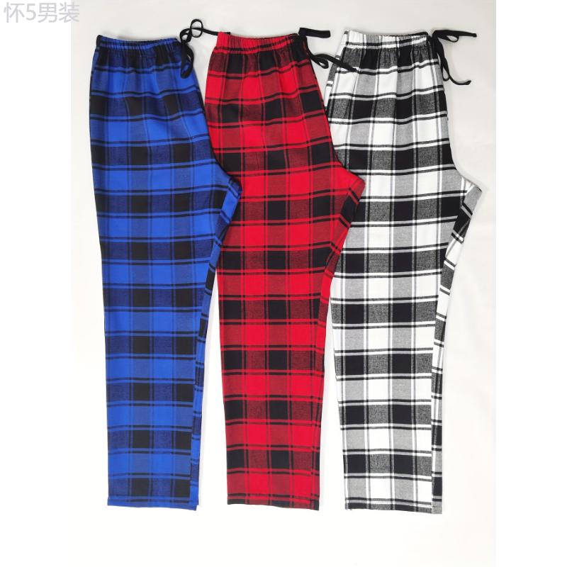 3pcs Plaid Men's Long Pants, Casual Homewear Pajama Sleep Bottom Loungewear Sleep Wear Trousers Fabric Menswear