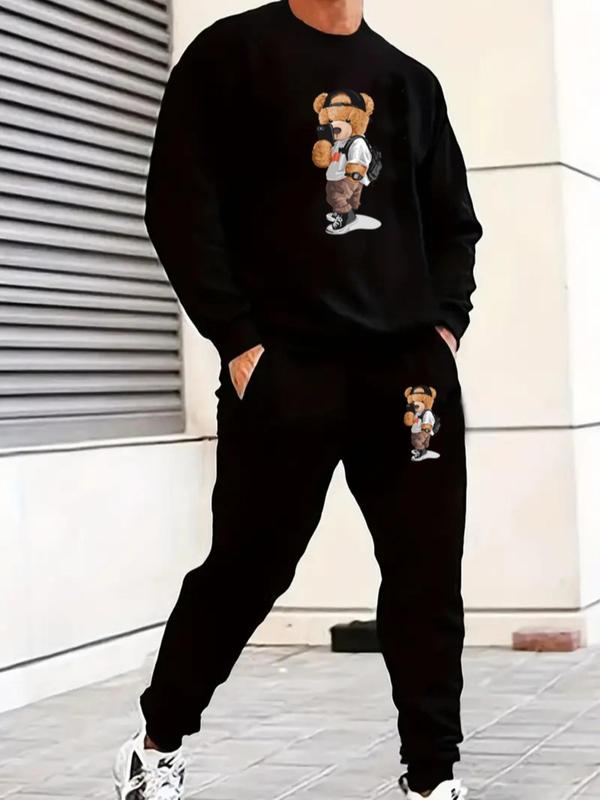 Two-Piece Set Men's Cartoon Bear Print Drawstring Two-Piece Set, Casual Long Sleeve Pullover & Pocket Jogger Pants, Men Two-piece Outfits For Fall & Winter